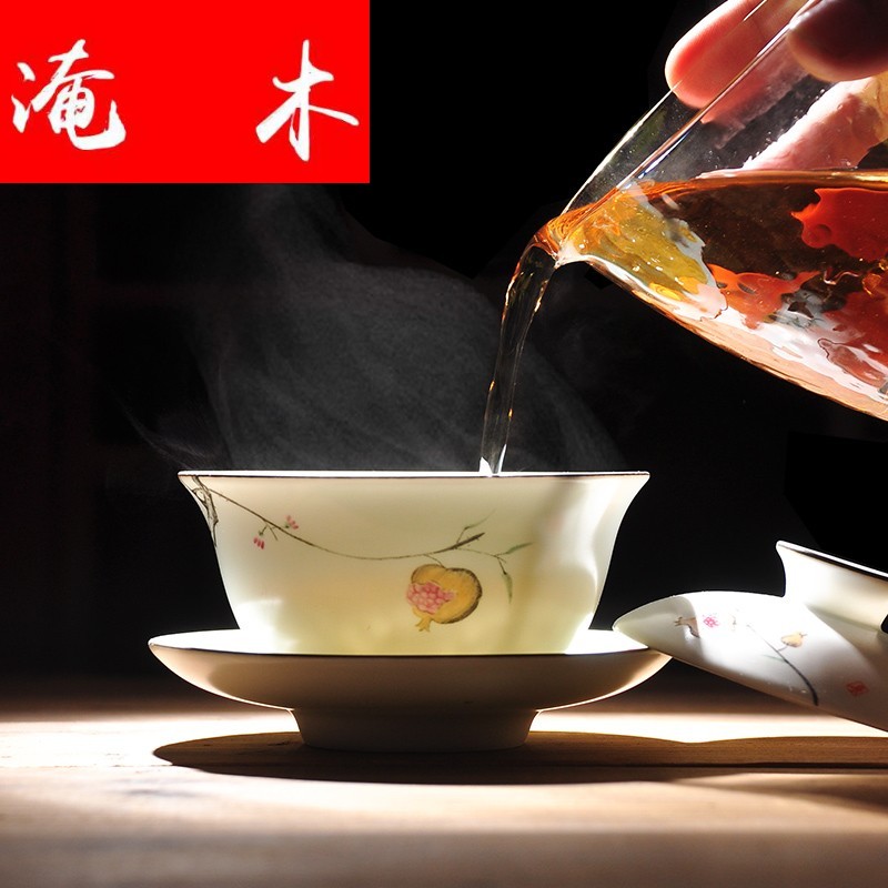 Submerged wood hand - made tea ware enamel tureen hand grasp kung fu tea set three fat white ceramic cup with tureen scene