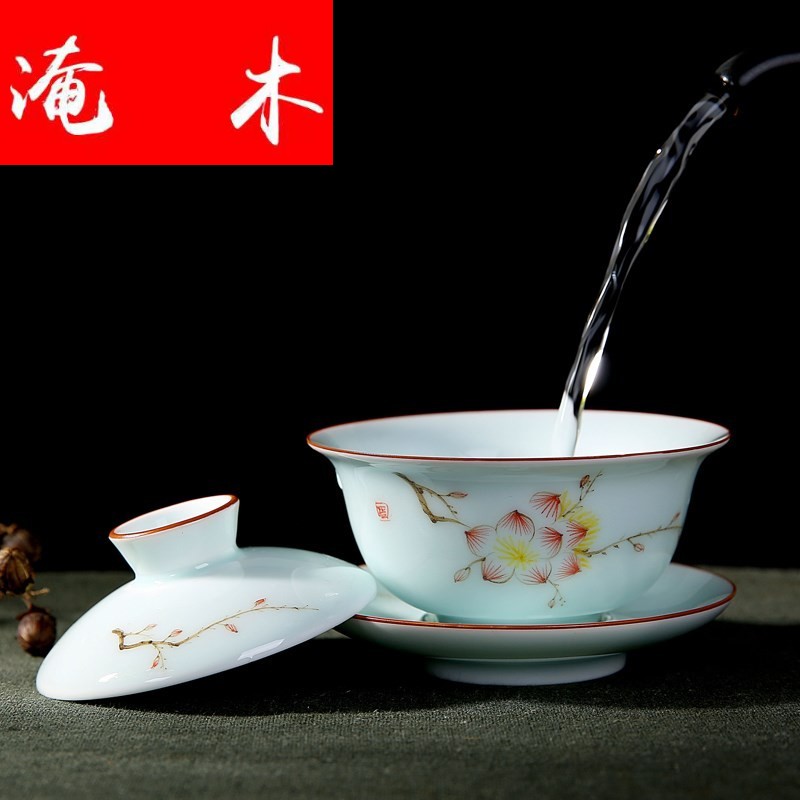 Flooded jingdezhen wood powder enamel hand - made ceramic tureen tea cup tea bowl of kung fu tea set three bowl of worship