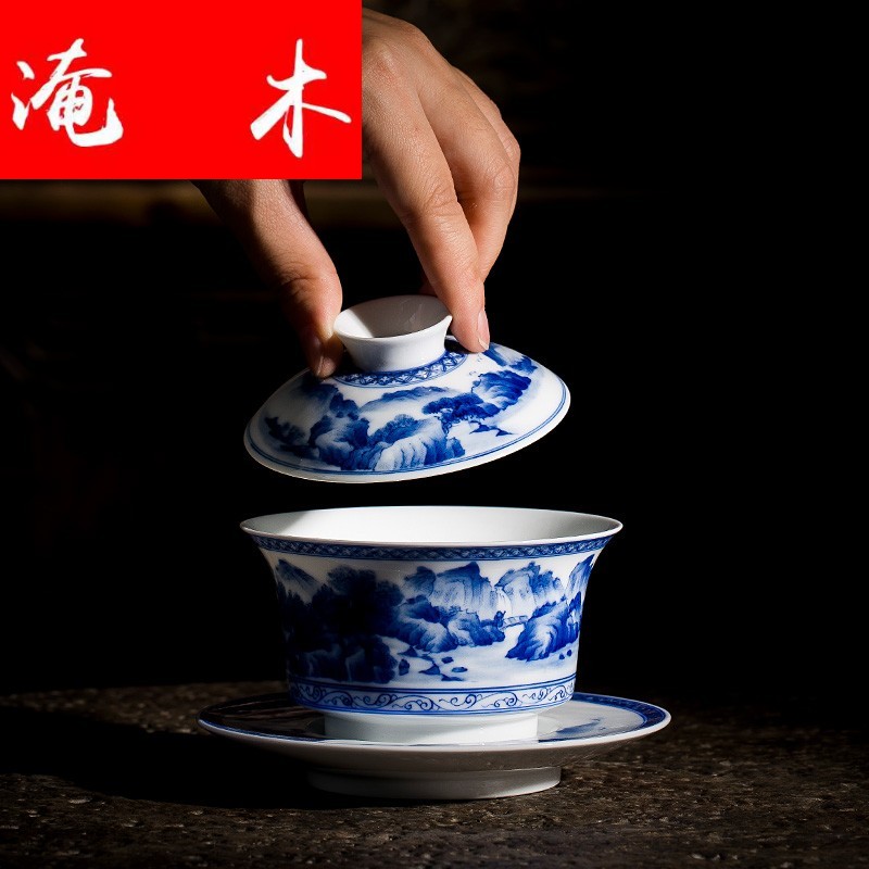 Submerged wood only three tureen teacups hand - made scenery all hand jingdezhen kung fu tea bowl of blue and white porcelain tea set