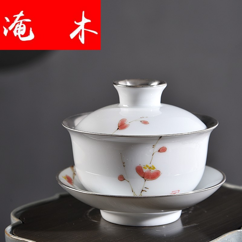 Flooded wooden household hand - made porcelain jingdezhen ceramics tureen checking sterling silver kungfu tasted silver gilding GaiWanCha only three