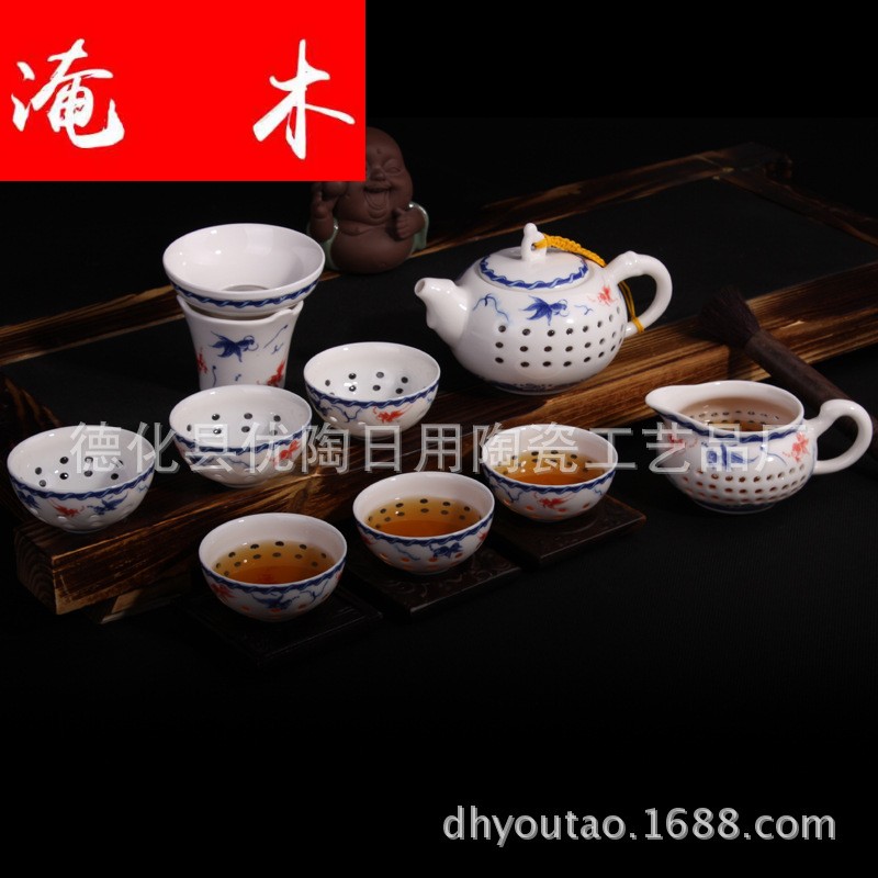 Submerged wood upscale glair blue crystal and exquisite hollow out m ceramic lid bowl with gifts of a complete set of kung fu
