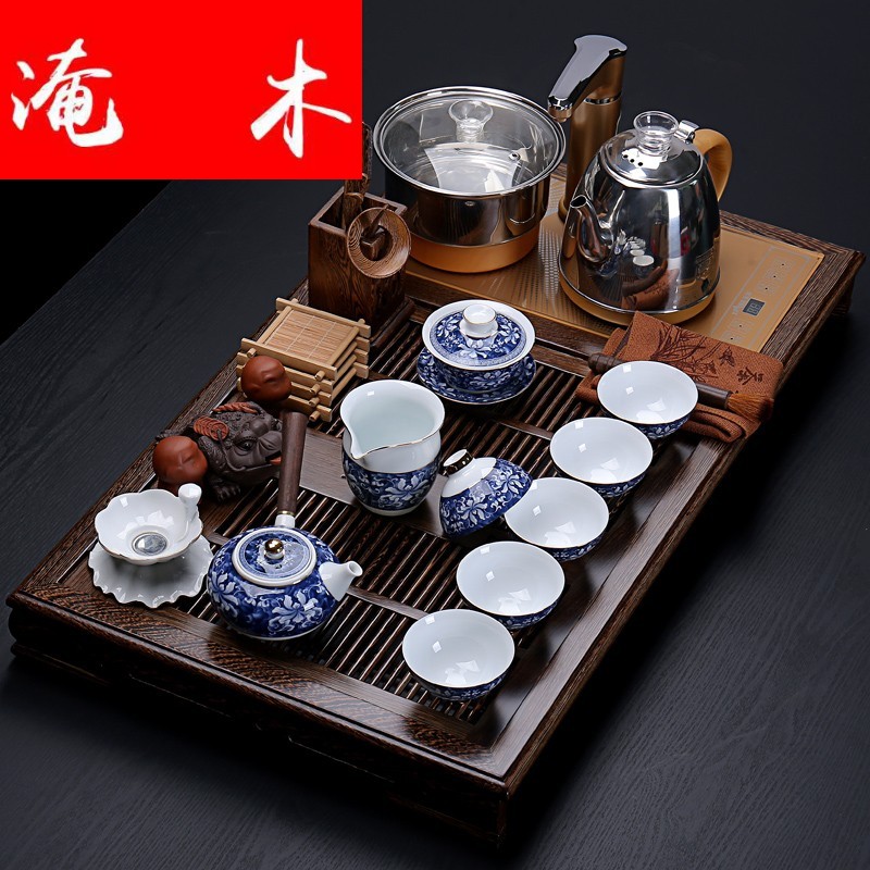 Flood automatic four unity wenge wood tea tray was whole tea table set ceramic purple celadon kung fu tea set