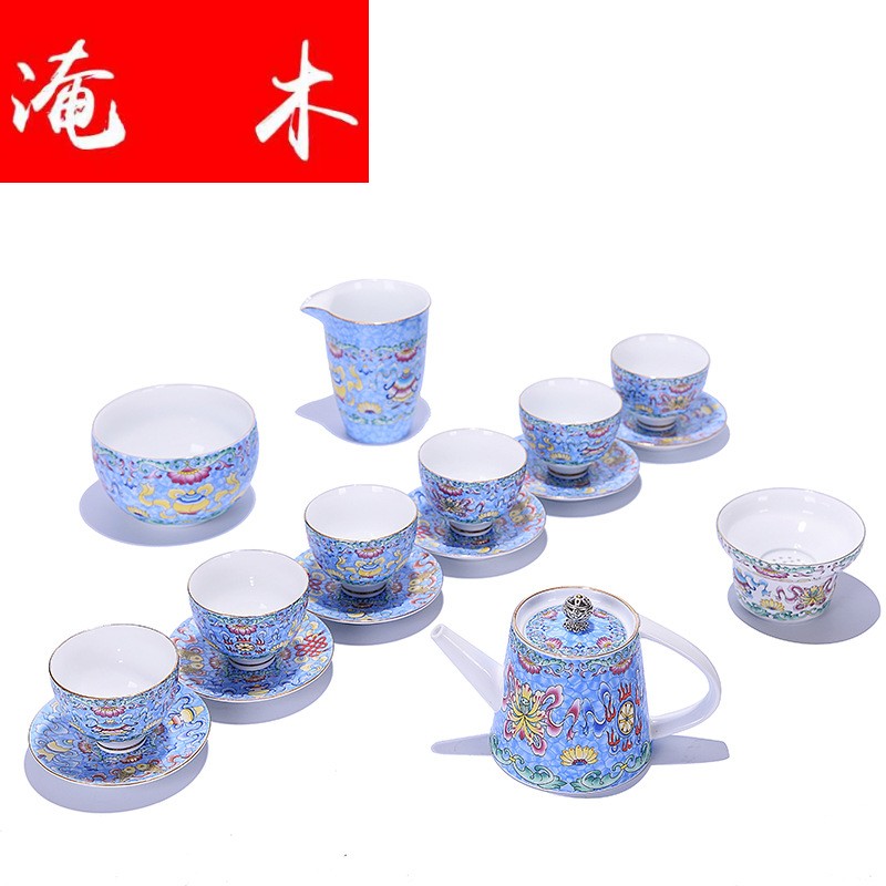 Flooded wooden tea service suit household jingdezhen colored enamel teapot teacup tureen wind restoring ancient ways of a complete set of ceramic tea