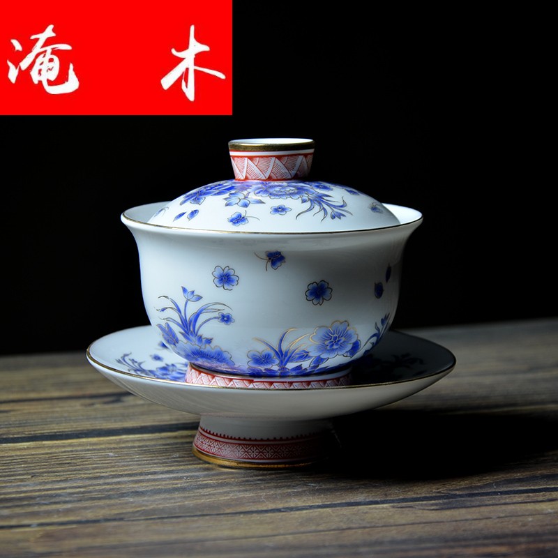 Submerged wood jingdezhen blue and white three colored enamel tureen tea cups to always pick flowers and ceramic cups kung fu tea mercifully