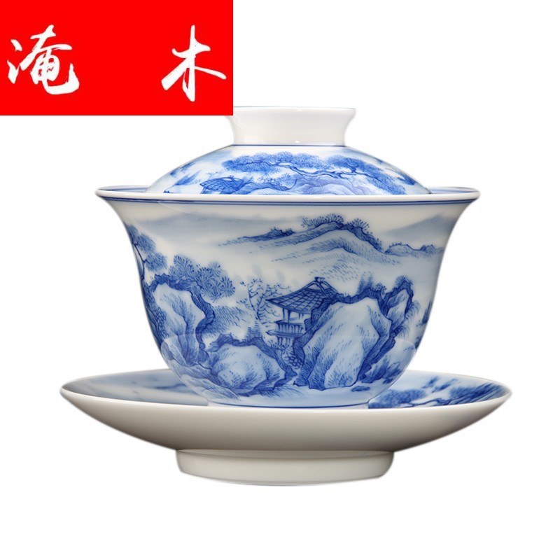 Flooded the wooden hand covered bowl of blue and white porcelain of jingdezhen ceramic tea set hand - made scenery make tea bowl jade soil large cups