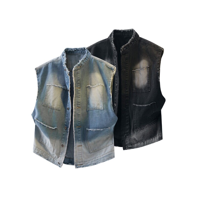 American-Style Ripped Denim Sleeveless Vest for Men and Women, Summer Trendy Brand Vest, Trendy Stand-Up Collar Workwear Jacket