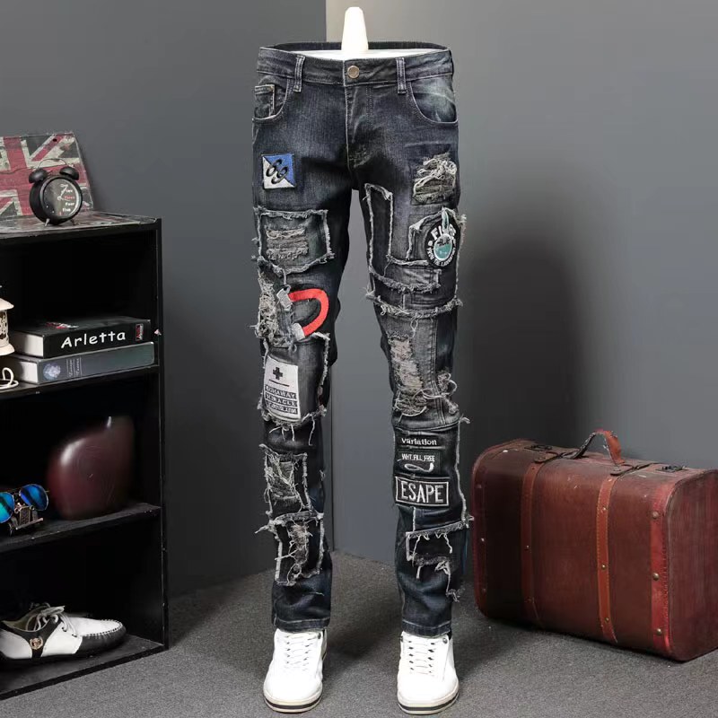 2026 Spring and Autumn New Embroidered Badge Jeans for Men, Straight Slim Fit, Stretchy, Distressed Patched Personality Long Pants for Men 2026 Spring and Autumn New Embroidered Badge Jeans for Men, Straight Slim Fit, Stretchy, Distressed Patched Personality Long Pants for Men