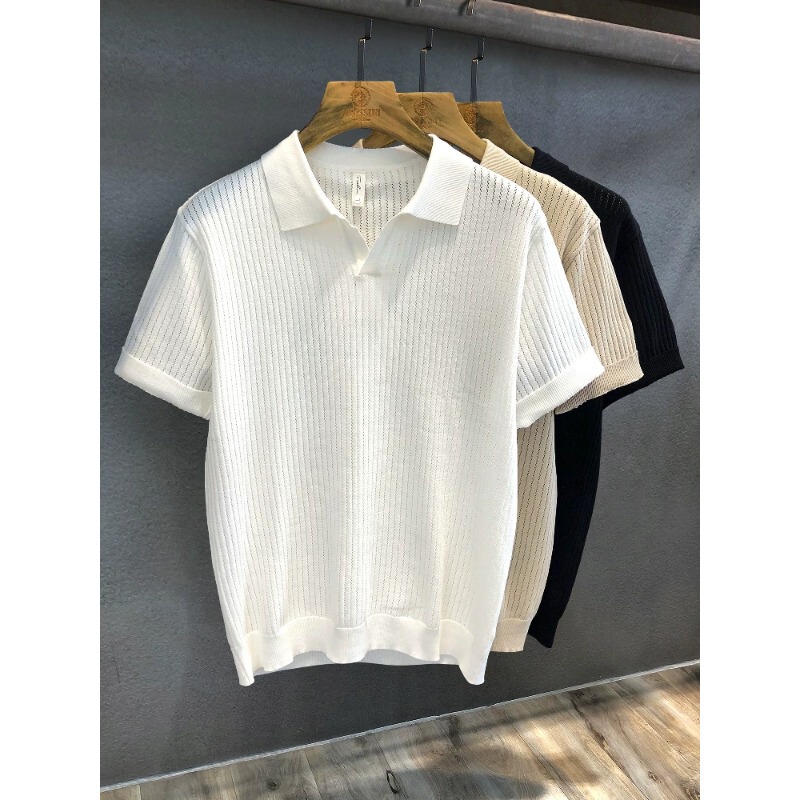 Ivory White Comfortable Ice Silk Hollow Pattern Knitted Short-Sleeved Polo Shirt for Men 2026 Summer Lapel T-Shirt for Men