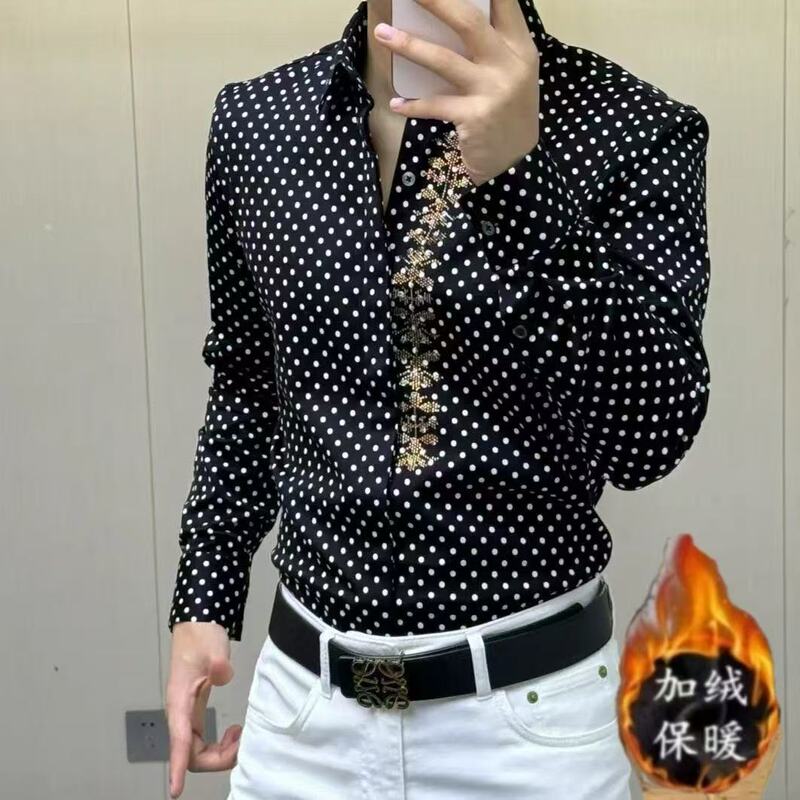 European-Style An&Lv/Angelababy Same Style 2026 Spring New Personalized Black and White Polka Dot Print Shirt for Men, Fashionable and Stylish