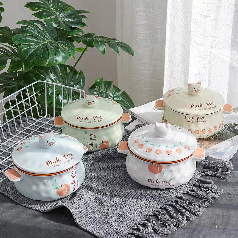 Foam noodles bowls Ins Day Cute Cartoon Small Pig Strawberry Rainbow Ceramic With Lid Soup Bowl double-ear anti-burn Rice Dish Bowl