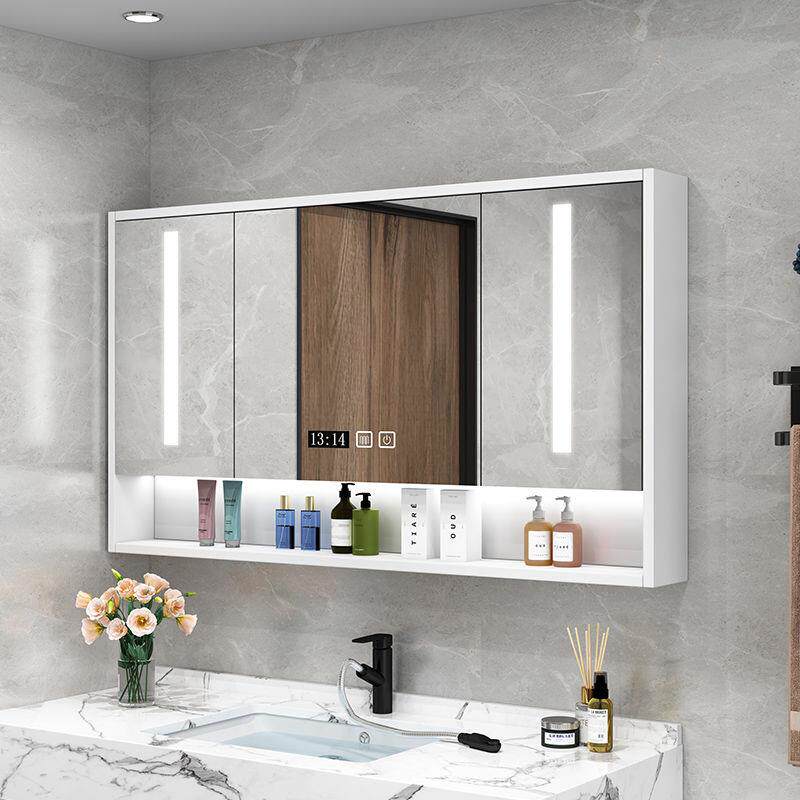 Powder room mirror with shelf smart solid wood bathroom mirror cabinet with light defogging makeup mirror cabinet wall-mounted wall type
