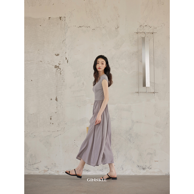 GINNKEE Yilite Vネック半袖ウエストニットパープルドレスレディース夏フレンチステッチスリムロングスカート