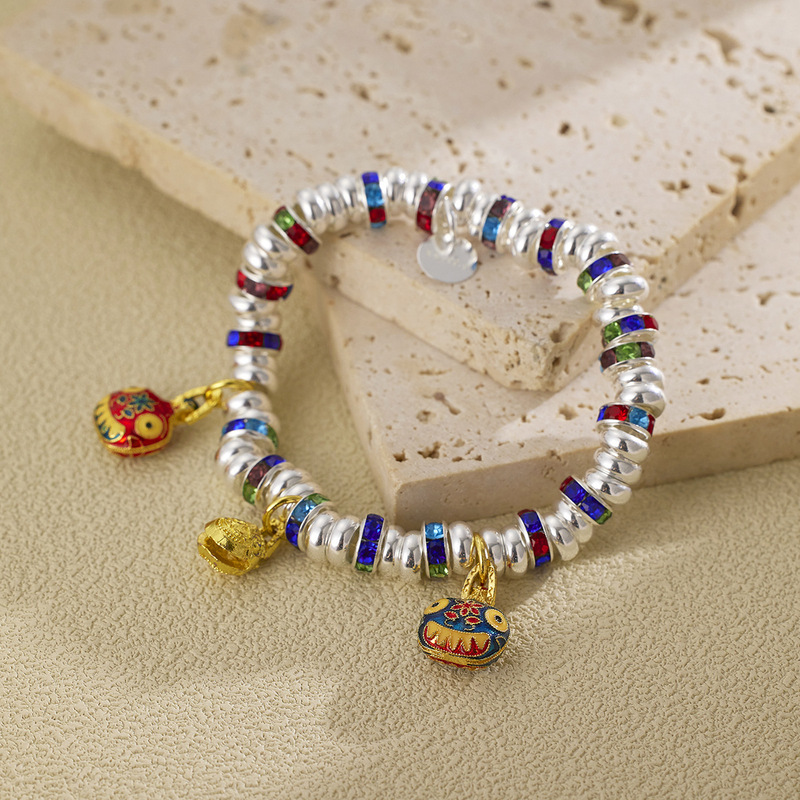 Copper Silver-Plated Antique-Style Bracelet with Colorful Gold-Swallowing Beast Design, Family of Three, Gold-Painted Wrap-Around Bracelet, Light Luxury Feel, Creative and Versatile