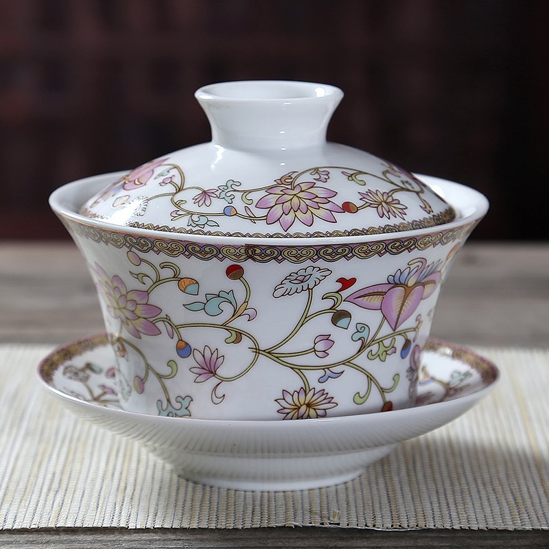 Jingdezhen blue and white porcelain clay phase tureen large cups kung fu tea set jade porcelain three cup of the big bowl of household