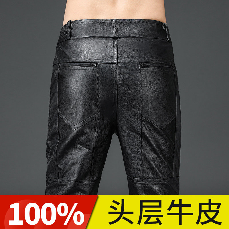 Haining leather кожаные брюки мужские из воловьей кожи первого слоя плюс бархатные утолщенные мотоциклетные мужские брюки на теплом меху one Изображение 1