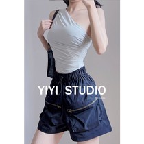 Y1565 European and American Wind new small crowddesign spicy girl senior sense pleated slim inclined shoulder harness vest woman