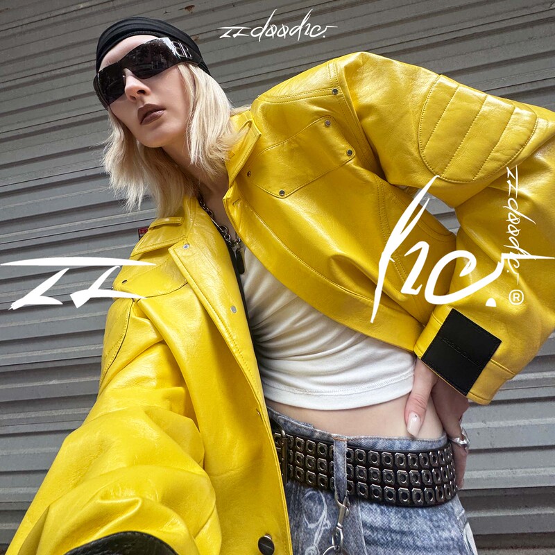 Luzhuo Same Style - Bumblebee Yellow*22Doodle Studded Yellow Loose Shoulder-Padded Leather Jacket Luzhuo Same Style - Bumblebee Yellow*22Doodle Studded Yellow Loose Shoulder-Padded Leather Jacket