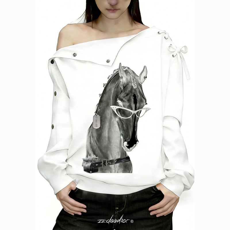Punk Horse*22Doodle Punk Black Horse Original Detachable Off-Shoulder 2026 Year of the Horse Print Sweatshirt T-Shirt
