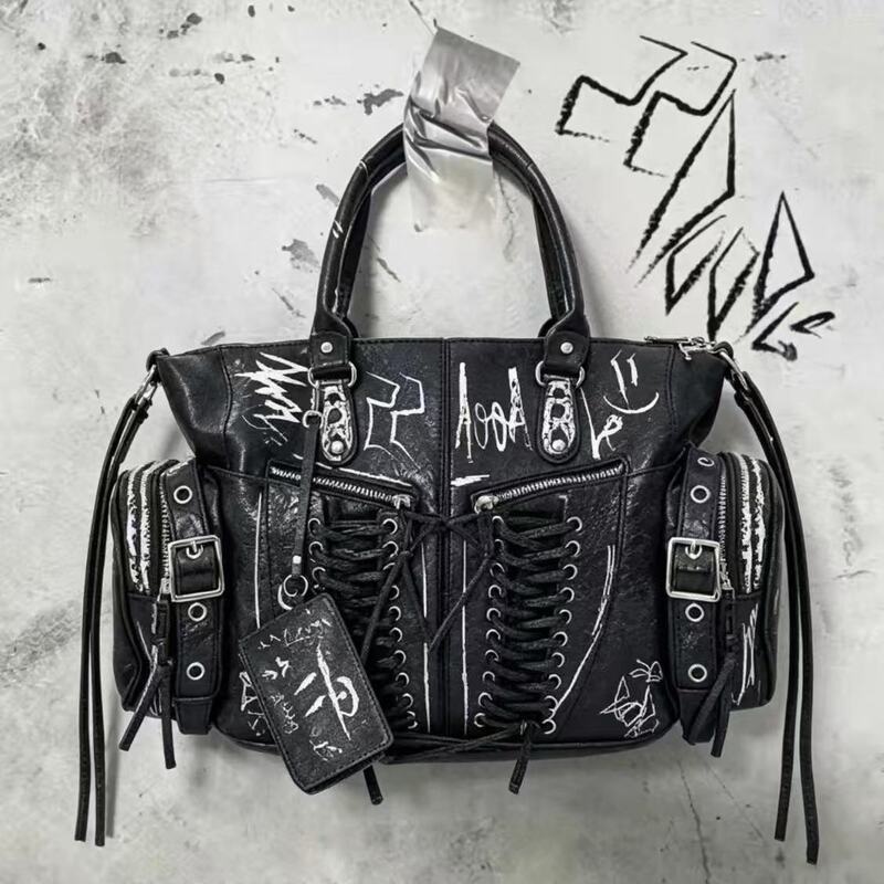 *Punk Black* 22Doodle Original Authentic Punk Rivet Graffiti Crossbody/Handheld Motorcycle Bag