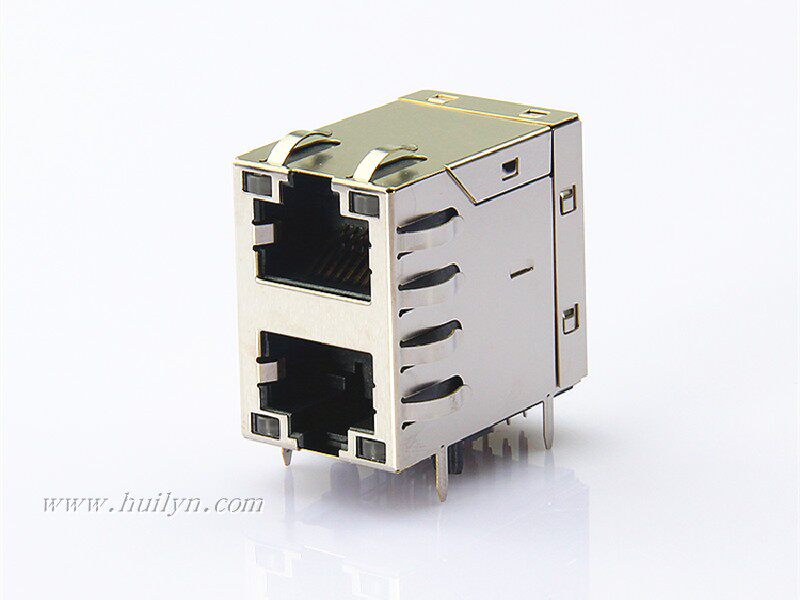 千兆RJ45带灯变压器插座,双层2x1-RJ45连接器HRN21-1A71G50