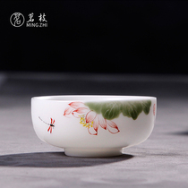 Mingzhi hand-painted lotus tea cup Single master cup White porcelain handmade ceramic small teacup Single cup Kung Fu tea set