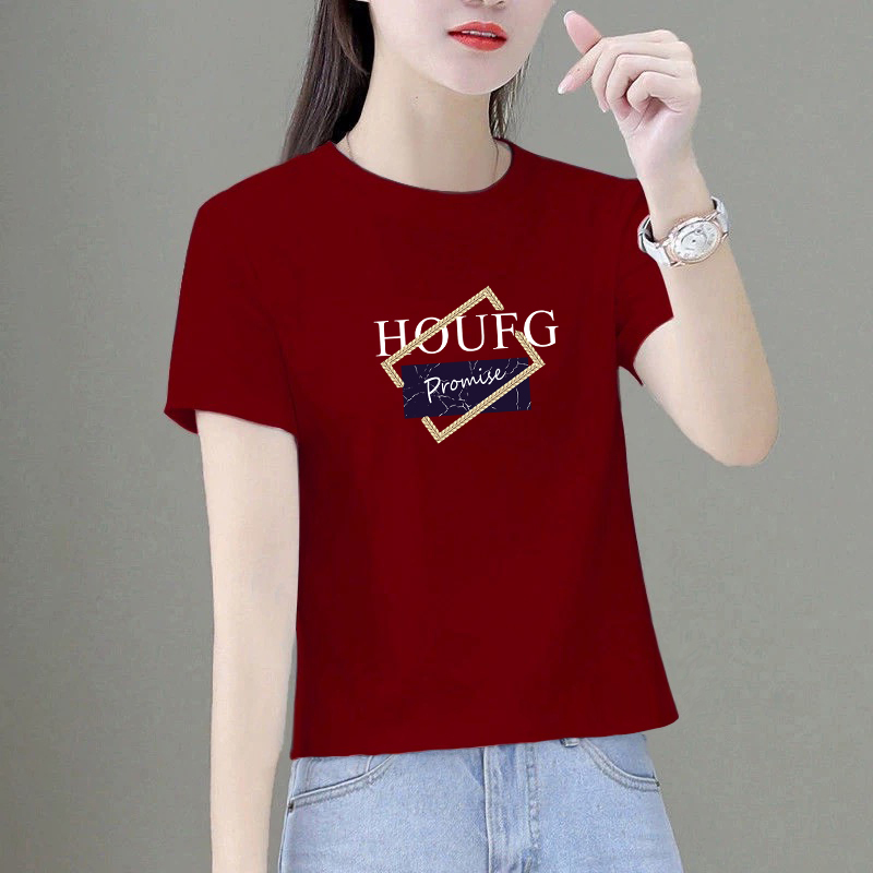 Anchora Red Short-Sleeved T-Shirt for Women, Summer Wear, Pure Cotton, Brightening Effect, Korean Style, Versatile Top, Letter Print, Regular Shoulder T-Shirt