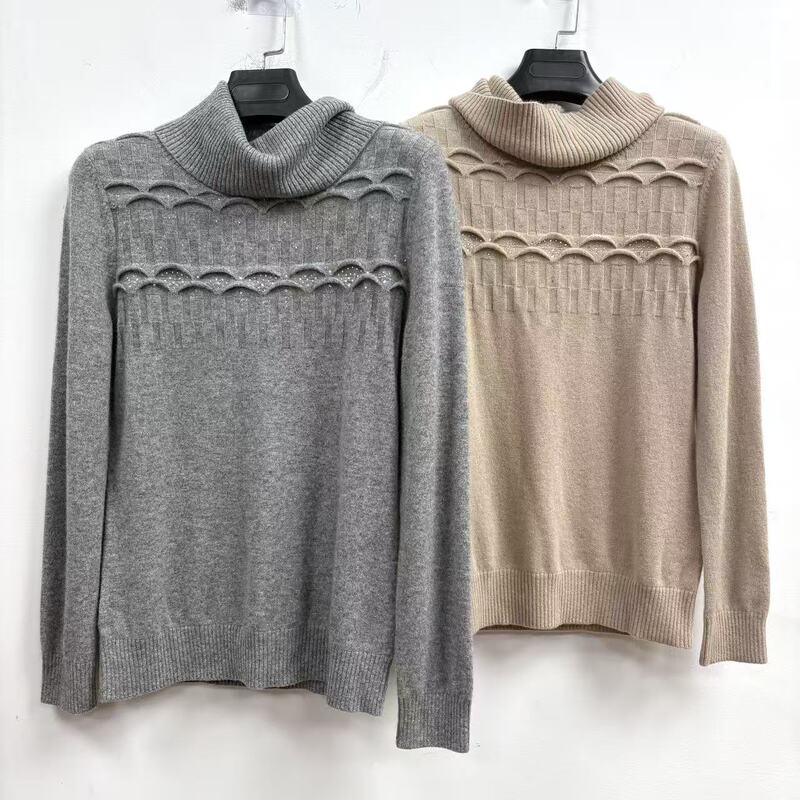 100% Cashmere Elegant High-Neck Sweater with Rhinestones in Gray and Purple, Clearance Sale with Tags Removed