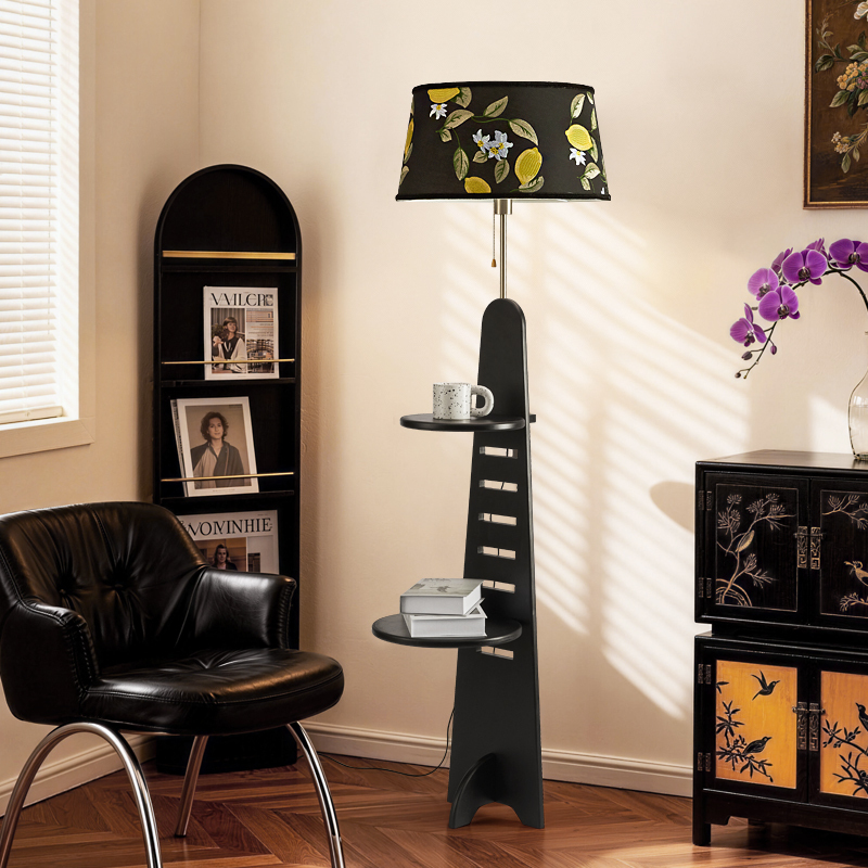 Retro Storage Rack Integrated Floor Lamp with Vintage High-End Fabric Lampshade for Living Room and Bedroom, Soft Light Eye-Protection Reading Lamp