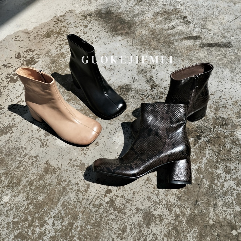 【Guokejiemei】6Cm European and American Style Minimalist Genuine Leather Mango Toe Versatile Blogger Fashion Short Boots