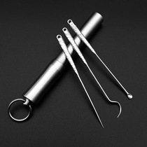 S925 sterling silver toothpick toothhook ear spoon three-piece set portable stainless steel toothpick tube mini storage box