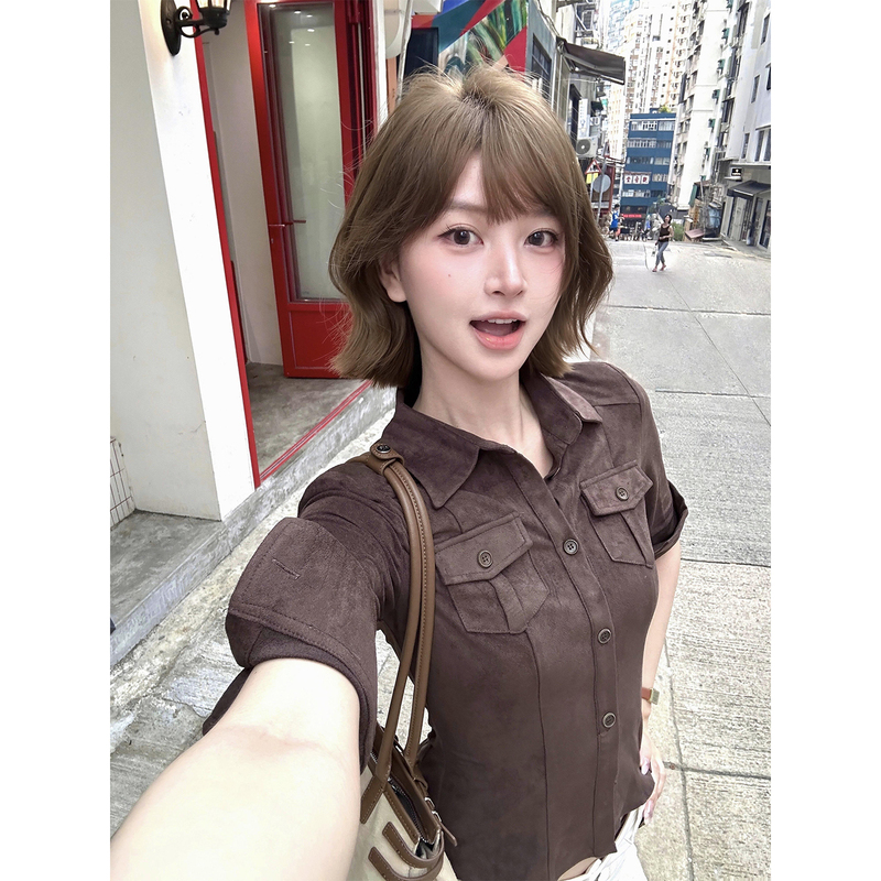 Turn Right/Chen Daitai Hazelnut Brown Vintage Suede Workwear Shirt with a Japanese Vibe, Stylish and Simple Top