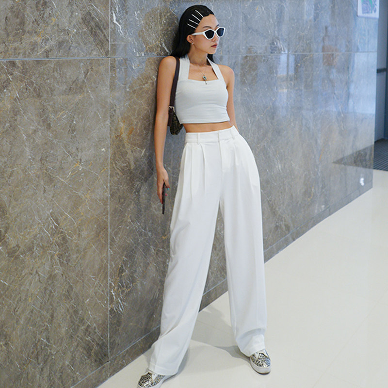 MOONA wide leg pants women's high waist drape spring and autumn white loose and thin high casual mopping suit pants