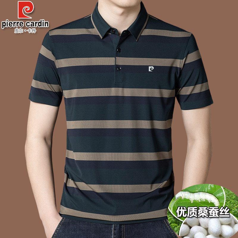 Summer new Pierre Carden mulberry silk short-sleeved t-shirt men's striped lapel top middle-aged half-sleeve POLO shirt