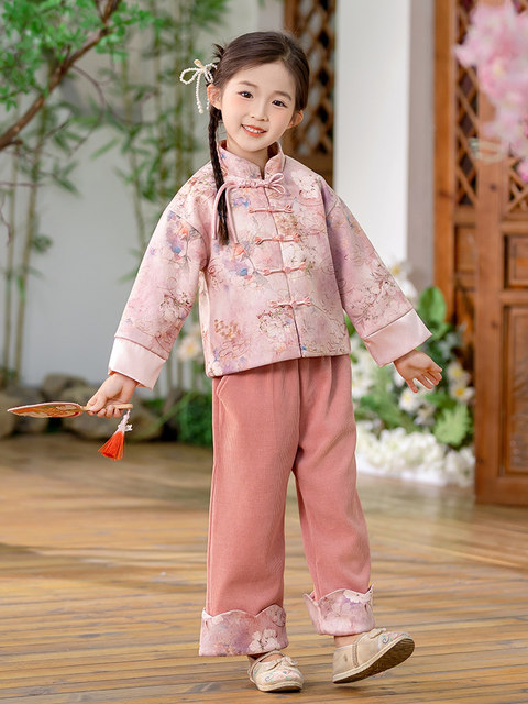 Girls' New Chinese-Style Tang Suit Spring Outfit 2025 New Children's Hanfu Jacket with Traditional Buttons, National Style Girl's Wide-Leg Pants Set