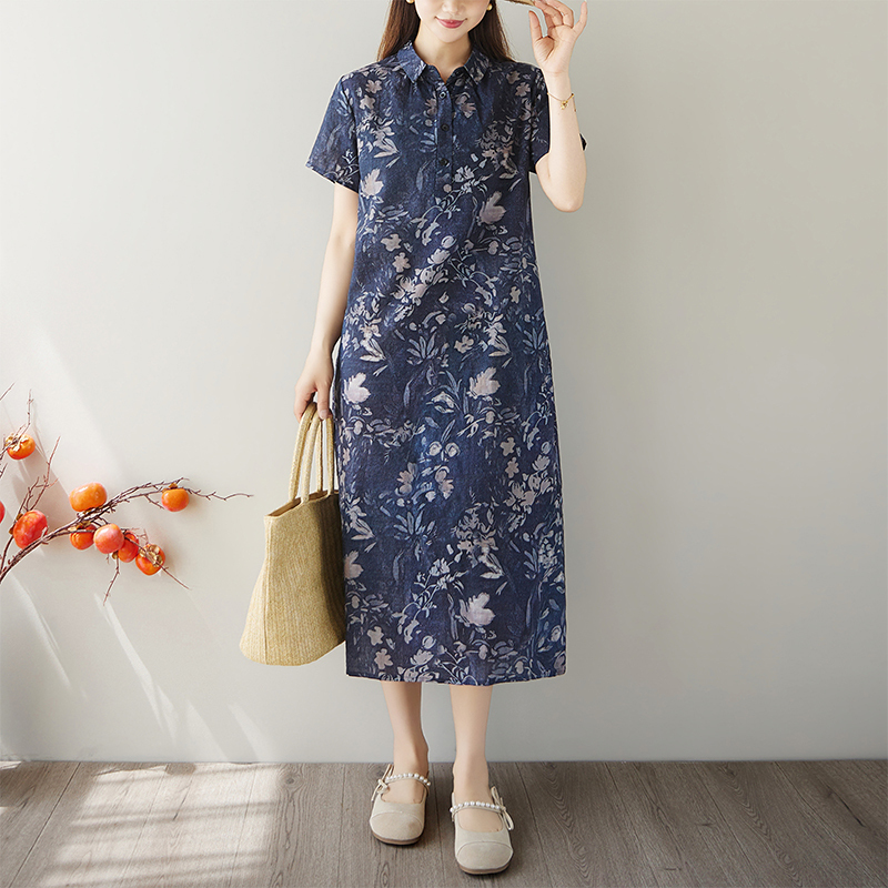 Middle-Aged Mom's Dress 2026 Spring/Summer New Short-Sleeve Linen Floral Artistic Style Plus-Size Short-Sleeve Cotton-Linen