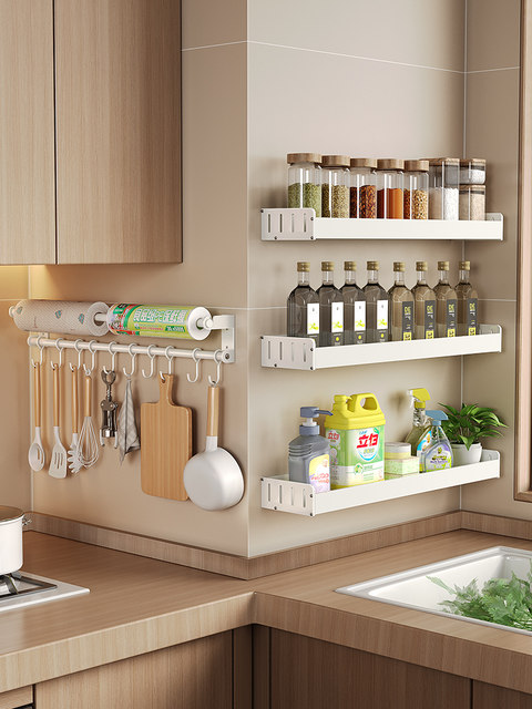 White kitchen hook hole-free wall-mounted hanging rod storage rack kitchenware supplies spoon spatula storage rack