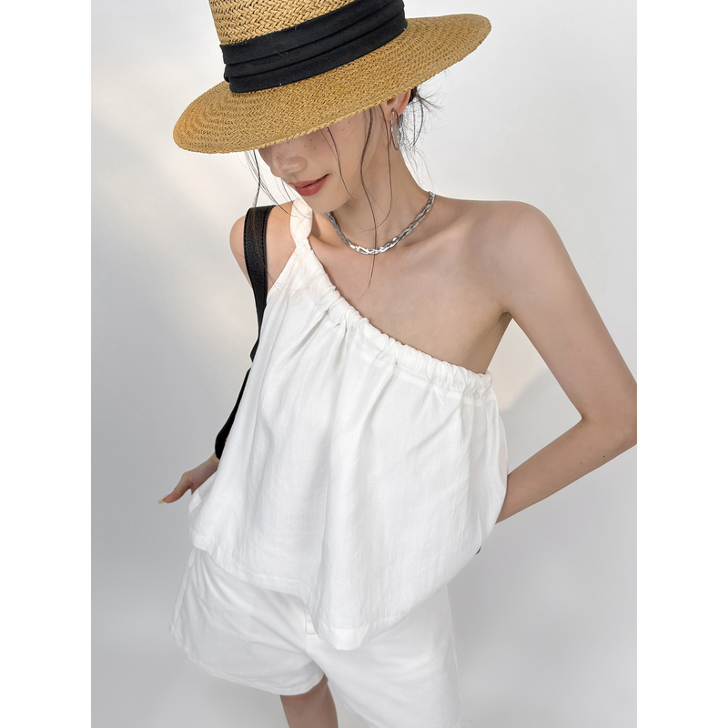 Double Z French Resort Style Linen Asymmetrical Off-Shoulder Camisole for Women, Summer Backless Slimming Top Double Z French Resort Style Linen Asymmetrical Off-Shoulder Camisole for Women, Summer Backless Slimming Top