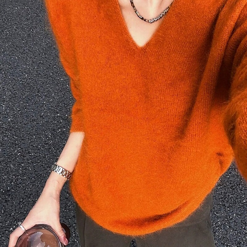 Soft and Lazy Style Orange V-Neck Knit Sweater for Women, Unique and Versatile Pullover Sweater for Autumn 2026