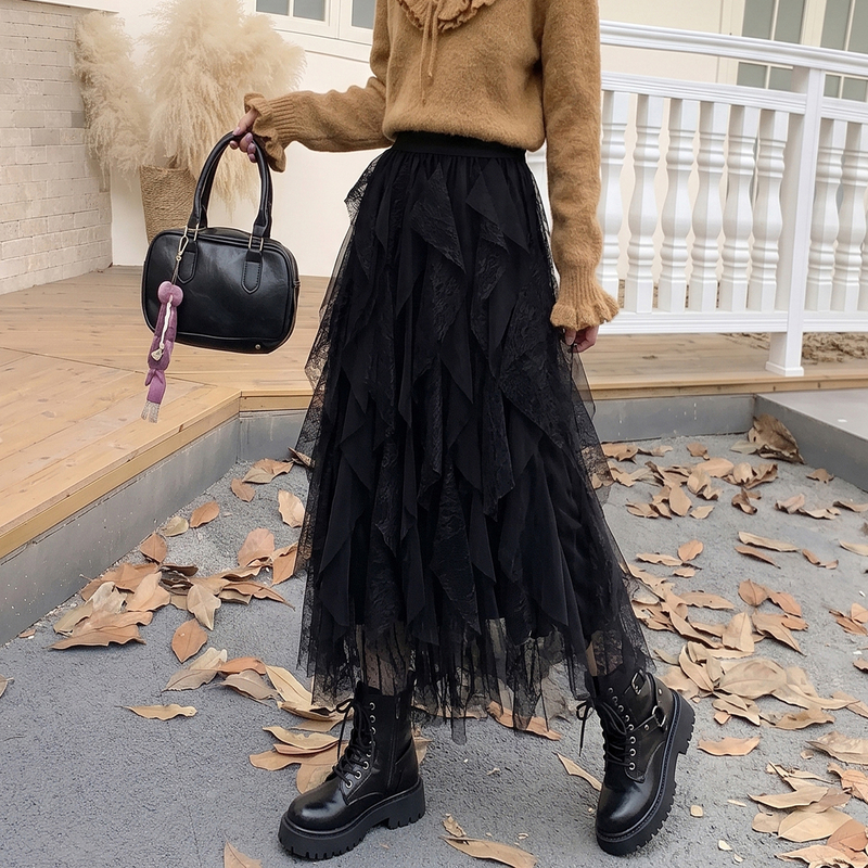 Black Lace Layered Skirt with Heavy Texture, 2026 Autumn Irregular Fairy-Style Draped Mesh Cake Long Skirt Black Lace Layered Skirt with Heavy Texture, 2026 Autumn Irregular Fairy-Style Draped Mesh Cake Long Skirt