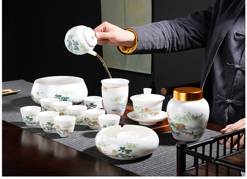 Suet jade porcelain kung fu tea set of a complete set of dehua white porcelain household contracted sitting room tea cup lid bowl suit