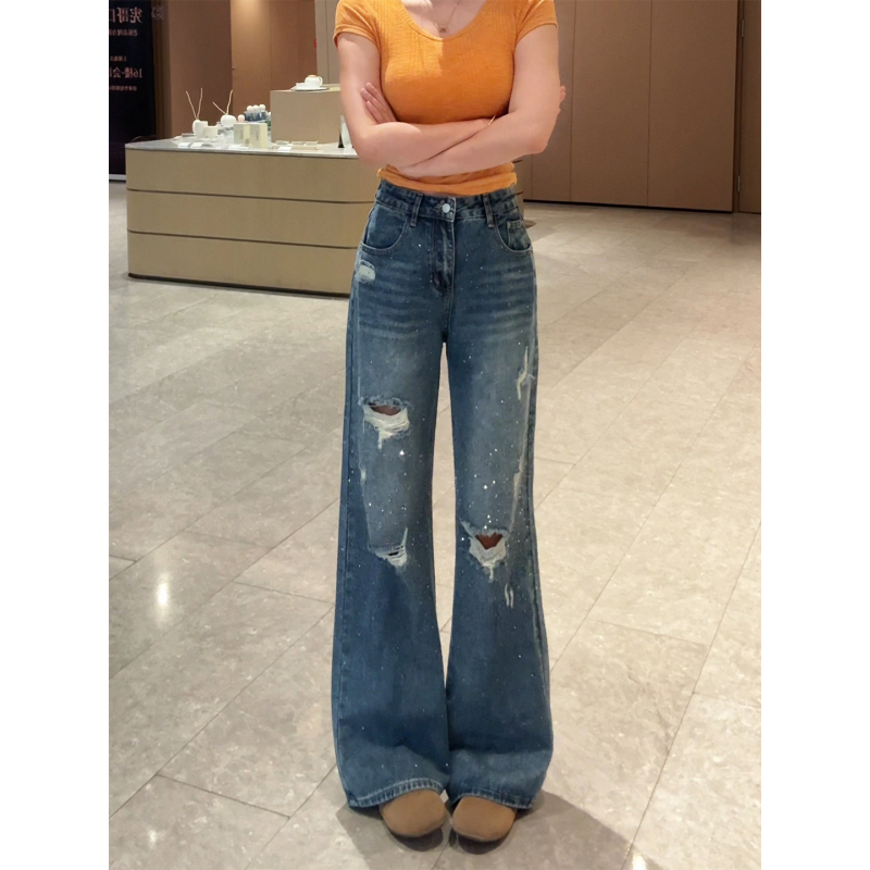 Ripped Rhinestone Wide-Leg Jeans for Women, Plus Size, 2026 Summer New Style, High-Waisted, Loose Fit, Slimming Design, Straight-Leg Pants