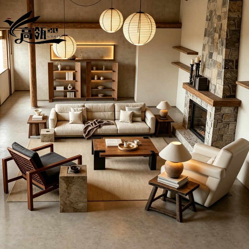 Medieval-Style B&B Clubhouse Lobby Solid Wood Sofa Model Room Straight-Row Sofa Hotel Lobby Reception Leisure Sofa