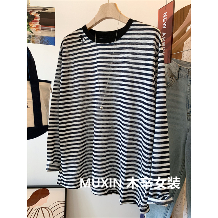 Shoulder Embroidered Little Mickey Early Autumn Thin Striped Casual Soft Women's Korean Style Loose Sun Protection Long-Sleeved T-Shirt Shoulder Embroidered Little Mickey Early Autumn Thin Striped Casual Soft Women's Korean Style Loose Sun Protection Long-Sleeved T-Shirt