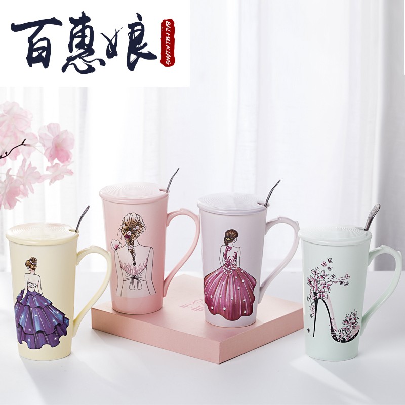 Han edition office keller (niang creative hand - made girl milk breakfast coffee spoon, high - capacity ceramic with cover