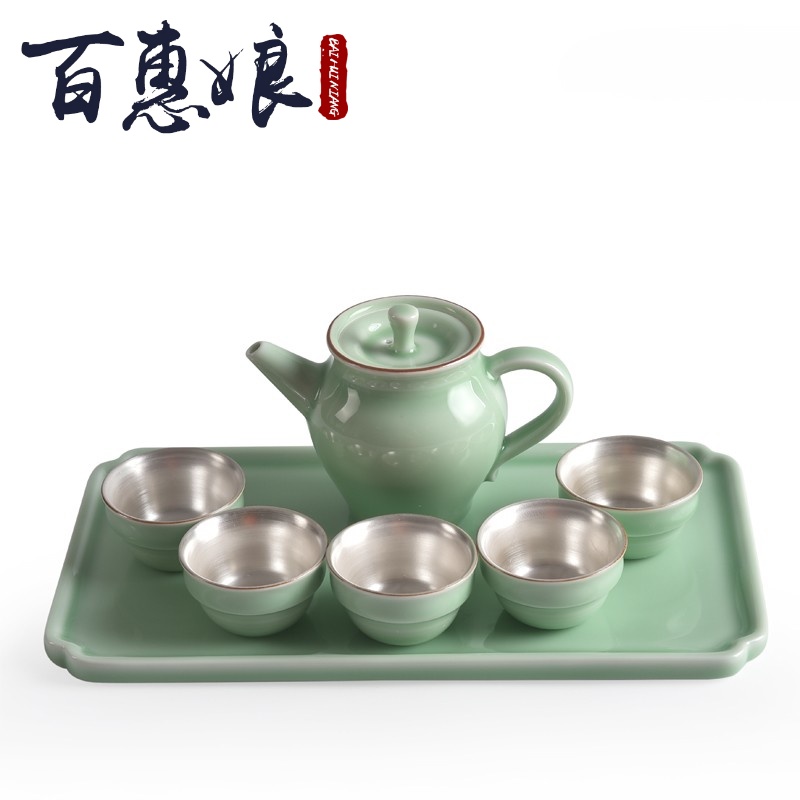 (niang 999 sterling silver with silver ceramic cups travel bowl tea pot dry terms plate of kung fu tea taking