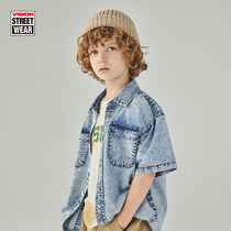 VISION Street Wear male and female children loose comfort short sleeve denim shirt boy clothing 22 spring new