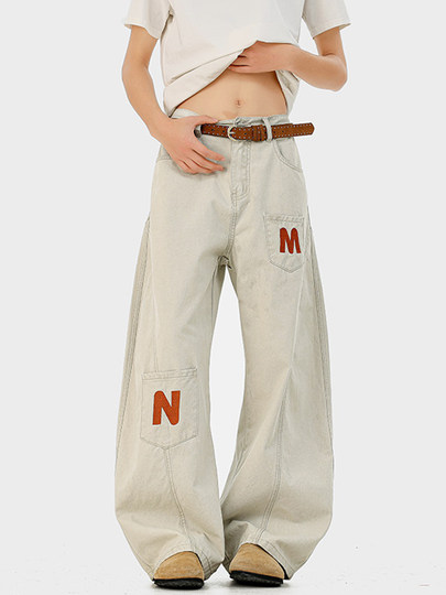 Trendy Brand Letter Embroidery Workwear Casual Pants for Men and Women, Cleanfit High Street Design, Loose Straight-Leg Wide-Leg Pants