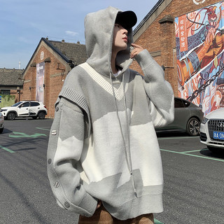 Fake Two-Piece Hooded Sweater for Men, Trendy Brand Design Splicing Sweatshirt for Men, Spring and Autum Knitted Sweater Jacket for Men