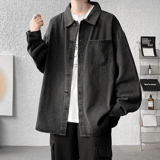 Hong Kong Style Japanese Denim Shirt Men's Long-Sleeved Spring and Autumn Loose Plus Size Shirt Men's Jacket Trendy Brand