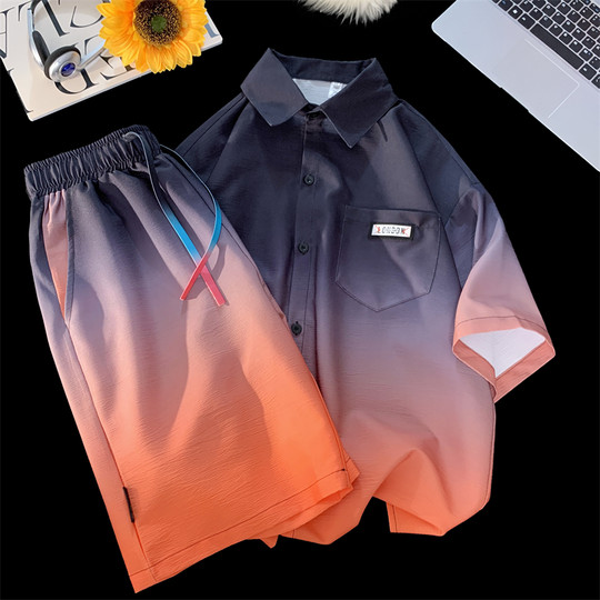 Ice Silk Color-Blocked Shirt Set for Men, Summer Outfit, Gradient Color Short-Sleeve Shirt and Shorts, Stylish Two-Piece Set